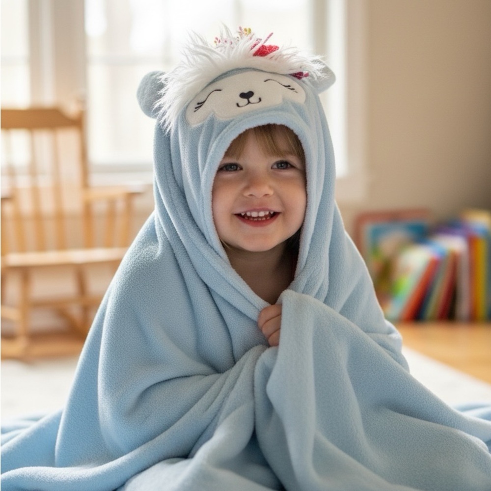 🔥3/$15 Adorable Blue Llama alpaca Hooded kids  throw Blanket